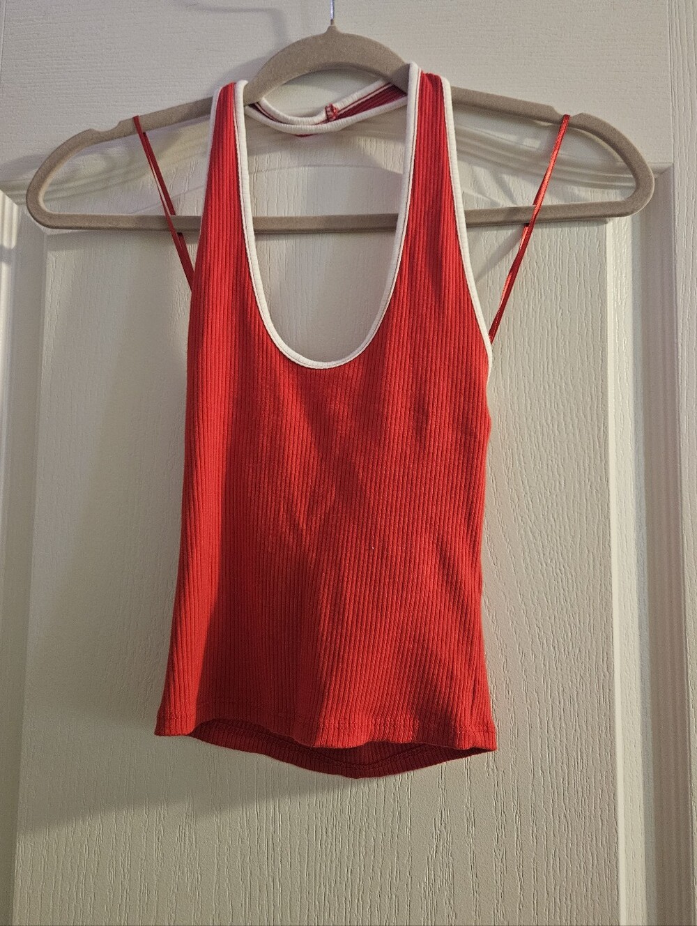 3 For $15🎊 Red Ribbed Halter Tank with White Trim